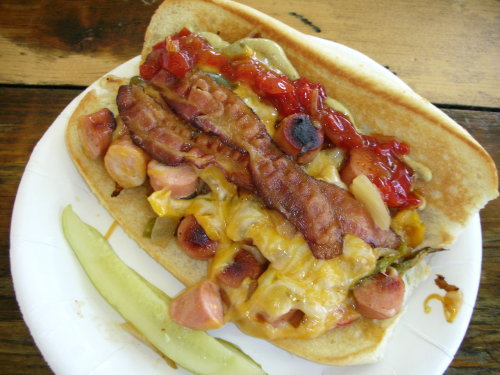 Junkyard Dog
Two diced hot dogs covered with peppers, onions, cheese, and topped with two pieces of bacon.
(submitted by Jacob Jones)