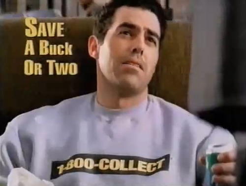 Carolla&#8217;s 1-800-Collect ad. Probably his idea to be seated for the entirety of it.